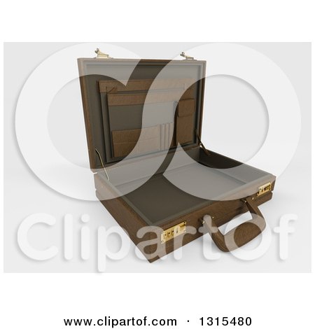 Clipart of a 3d Open Brown Professional Briefcase on Shaded White, Tilted to the Right - Royalty Free Illustration by KJ Pargeter