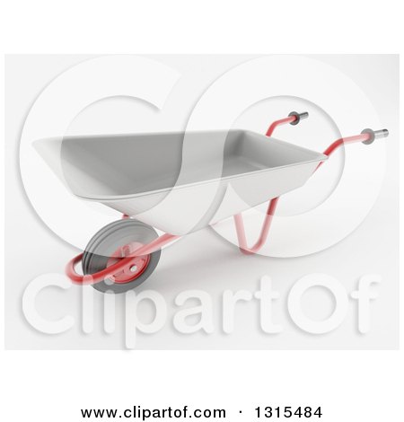 Clipart of a 3d Red and Metal Wheelbarrow on a Shaded White Background - Royalty Free Illustration by KJ Pargeter
