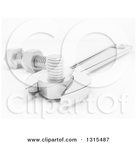 Clipart of a 3d Wrench, Nuts and Bolts on a Shaded White Background - Royalty Free Illustration by KJ Pargeter