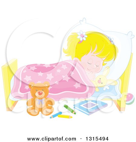 Clipart of a Cartoon Blond Caucasian Girl Sleeping Peacefully in a Bed - Royalty Free Vector Illustration by Alex Bannykh