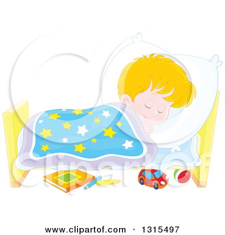 Clipart of a Cartoon Blond Caucasian Boy Sleeping Peacefully in a Bed - Royalty Free Vector Illustration by Alex Bannykh