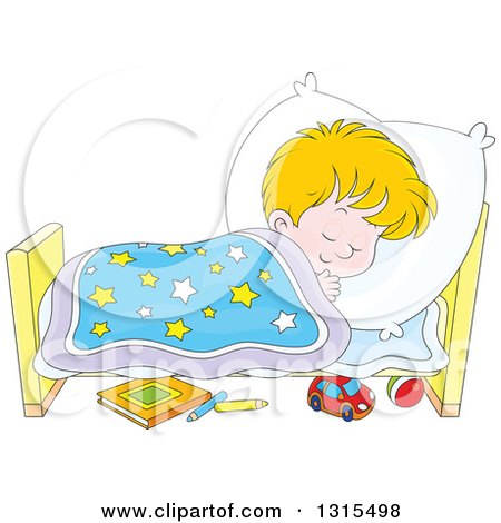 Clipart of a Cartoon Blond White Boy Sleeping Peacefully in a Bed - Royalty Free Vector Illustration by Alex Bannykh