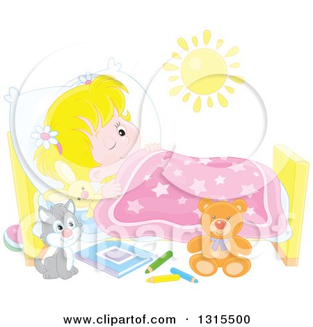 Clipart of a Cartoon Blond Caucasian Girl in Bed, Peeping with One Eye Open and a Cat at Her Side - Royalty Free Vector Illustration by Alex Bannykh