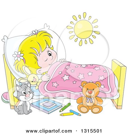 Clipart of a Cartoon Blond White Girl in Bed, Peeping with One Eye Open and a Cat at Her Side - Royalty Free Vector Illustration by Alex Bannykh