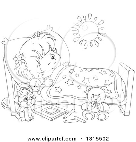 Clipart of a Cartoon Black and White Girl in Bed, Peeping with One Eye Open  and a Cat at Her Side - Royalty Free Vector Illustration by Alex Bannykh  #1315502