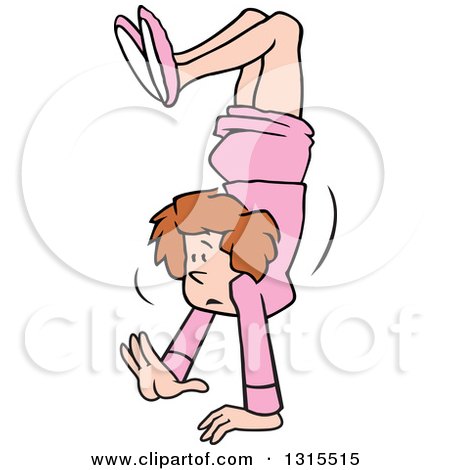 Clipart of a Cartoon Uncertain Brunette Caucasian Business Woman Walking on Her Hands - Royalty Free Vector Illustration by Johnny Sajem