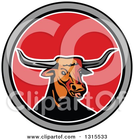 Clipart of a Retro Texas Longhorn Steer Bull in a Black Gray White and Red Circle - Royalty Free Vector Illustration by patrimonio