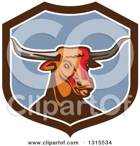 Clipart of a Retro Texas Longhorn Steer Bull in a Brown White and Blue Shield - Royalty Free Vector Illustration by patrimonio