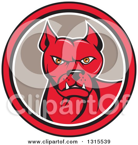 Clipart of a Cartoon Pitbull Guard Dog in a Red Black White and Taupe Circle - Royalty Free Vector Illustration by patrimonio