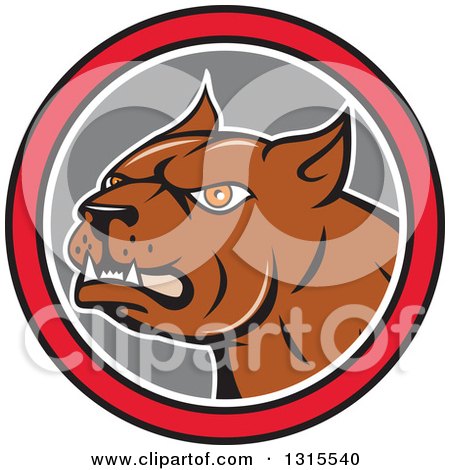 Clipart of a Cartoon Brown Pitbull Guard Dog in a Red Black White and Gray Circle - Royalty Free Vector Illustration by patrimonio