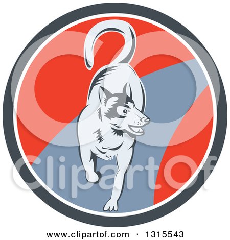 Clipart of a Retro Woodcut Siberian Husky Dog Running in a Gray White and Red Circle - Royalty Free Vector Illustration by patrimonio
