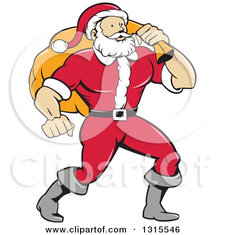 Clipart of a Cartoon Buff Christmas Santa Claus Carrying a Sack over His Shoulder - Royalty Free Vector Illustration by patrimonio