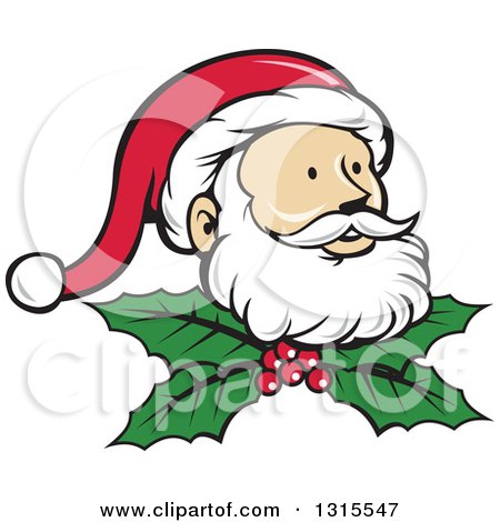 Clipart of a Retro Cartoon Christmas Santa Claus Face over Holly and Berries - Royalty Free Vector Illustration by patrimonio