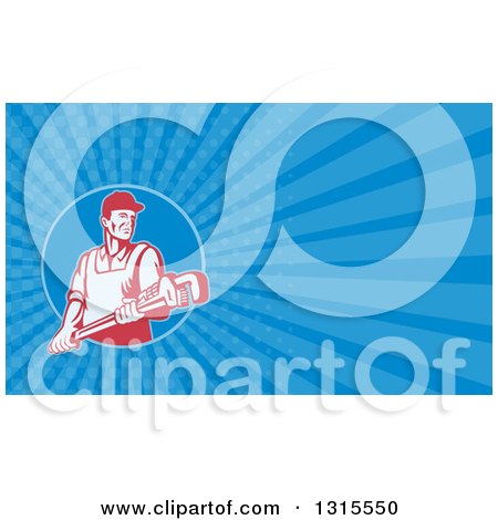 Clipart of a Retro Red and White Male Plumber Holding a Monkey Wrench and Blue Rays Background or Business Card Design - Royalty Free Illustration by patrimonio