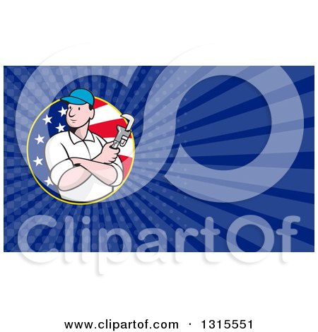 Clipart of a Cartoon White Male Plumber Holding a Monkey Wrench in an American Circle and Dark Blue Rays Background or Business Card Design - Royalty Free Illustration by patrimonio