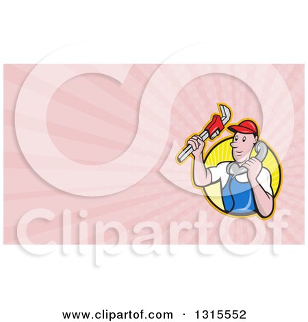 Clipart of a Cartoon White Male Plumber Holding a Monkey Wrench and Taking a Call and Pink Rays Background or Business Card Design - Royalty Free Illustration by patrimonio