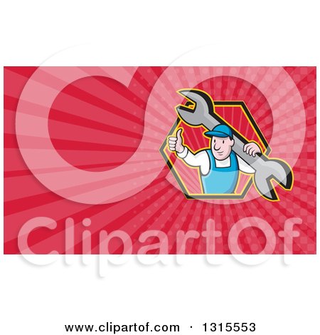 Clipart of a Cartoon White Male Mechanic Holding a Giant Spanner Wrench and Giving a Thumb up and Pink Rays Background or Business Card Design - Royalty Free Illustration by patrimonio