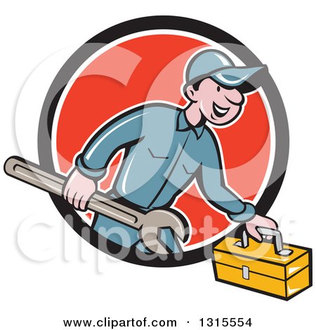 Clipart of a Retro Cartoon Happy White Male Mechanic Runnign with a Spanner Wrench and a Tool Box, Emerging from a Black White and Red Circle - Royalty Free Vector Illustration by patrimonio