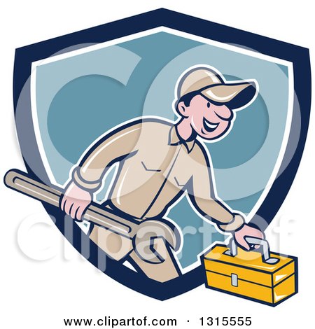 Clipart of a Retro Cartoon Happy White Male Mechanic Runnign with a Spanner Wrench and a Tool Box, Emerging from a Blue and White Shield - Royalty Free Vector Illustration by patrimonio