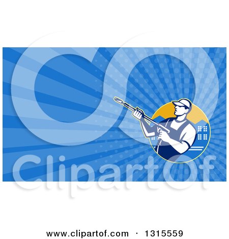 Clipart of a Retro Pressure Power Washer Worker Man with Buildings and Blue Rays Background or Business Card Design - Royalty Free Illustration by patrimonio