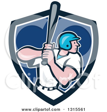 Clipart of a Cartoon White Male Baseball Player Batting in a Black White and Blue Shield - Royalty Free Vector Illustration by patrimonio