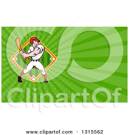 Clipart of a Cartoon Batting White Male Baseball Player and Green Rays Background or Business Card Design - Royalty Free Illustration by patrimonio