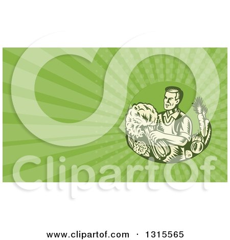 Clipart of a Retro Woodcut Organic Farmer with with Produce and Green Rays Background or Business Card Design - Royalty Free Illustration by patrimonio