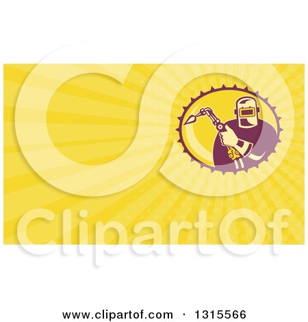 Clipart of a Retro Male Welder Holding a Torch and Yellow Rays Background or Business Card Design - Royalty Free Illustration by patrimonio