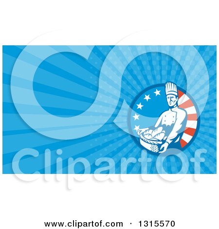Clipart of a Retro Male Baker Holding a Bread Basket in an American Circle and Blue Rays Background or Business Card Design - Royalty Free Illustration by patrimonio