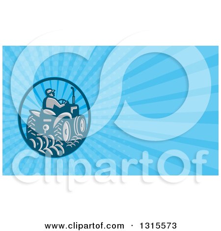 Clipart of a Retro Farmer Operating a Tractor and Plowing and Blue Rays Background or Business Card Design - Royalty Free Illustration by patrimonio