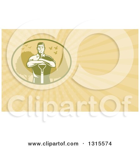Clipart of a Retro Male Gardener Resting on a Shovel and Rays Background or Business Card Design - Royalty Free Illustration by patrimonio