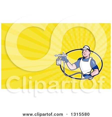 Clipart of a Cartoon White Male Man Using a Spray Paint Machine and Yellow Rays Background or Business Card Design - Royalty Free Illustration by patrimonio