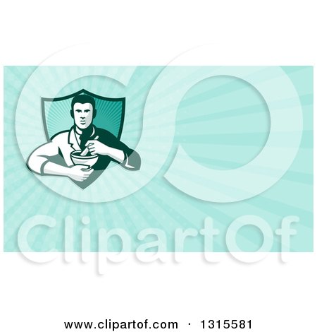 Clipart of a Retro Male Pharmacist Holding a Mortar and Pestle and Blue Rays Background or Business Card Design - Royalty Free Illustration by patrimonio