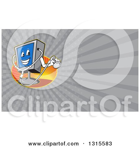 Clipart of a Cartoon Computer Character Holding a Stethoscope and Gray Rays Background or Business Card Design - Royalty Free Illustration by patrimonio