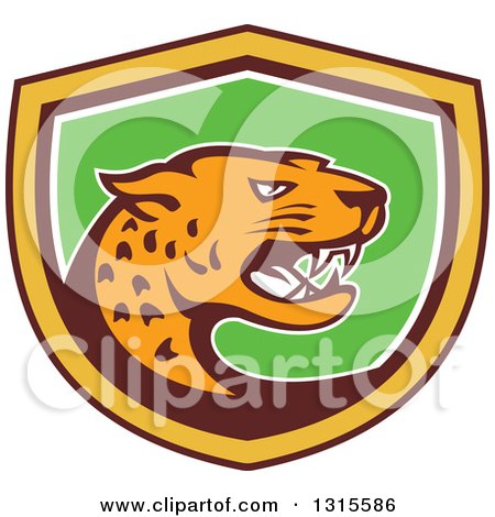 Clipart of a Retro Cartoon Angry Jaguar Cat in a Brown Yellow White and Green Shield - Royalty Free Vector Illustration by patrimonio