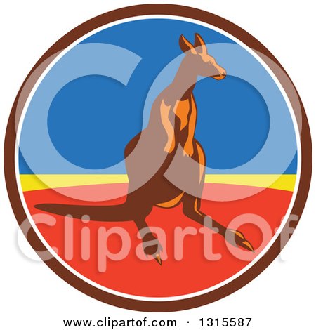 Clipart of a Retro Kangaroo in a Brown White Blue Yellow and Red Circle - Royalty Free Vector Illustration by patrimonio