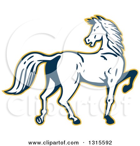 Clipart of a Retro White and Dark Blue Prancing Horse Looking Back and Outlined in Yellow - Royalty Free Vector Illustration by patrimonio