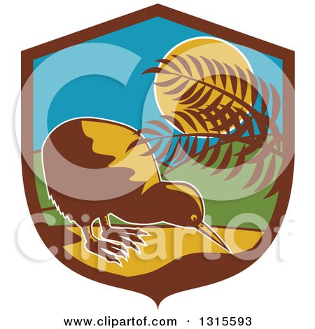 Clipart of a Retro Kiwi Bird by Plants in the Moonlight Inside a Brown Blue Yellow and Green Shield - Royalty Free Vector Illustration by patrimonio