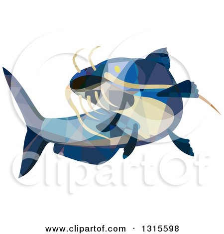Clipart of a Retro Low Poly Geometric Blue Catfish Swimming - Royalty Free Vector Illustration by patrimonio