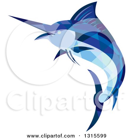Clipart of a Retro Low Poly Geometric Blue Marlin Fish Jumping and Facing Left - Royalty Free Vector Illustration by patrimonio