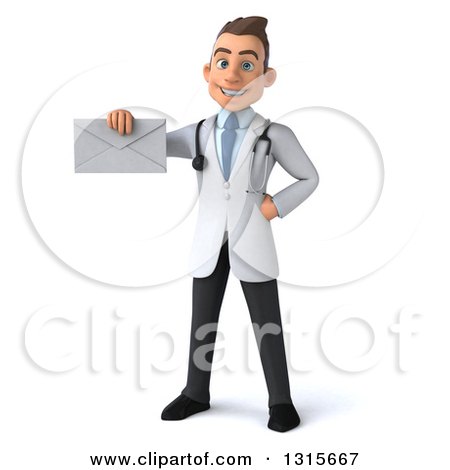 Clipart of a 3d Young Brunette White Male Doctor Holding an Envelope - Royalty Free Illustration by Julos