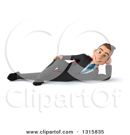 Clipart of a 3d Happy Young White Super Businessman Resting on His Side - Royalty Free Illustration by Julos