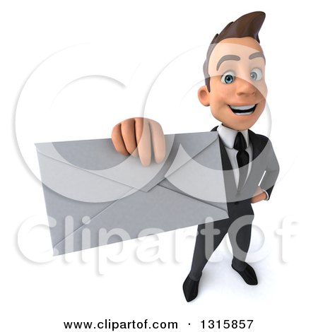 Clipart of a 3d Happy Young White Businessman Holding up an Envelope - Royalty Free Illustration by Julos
