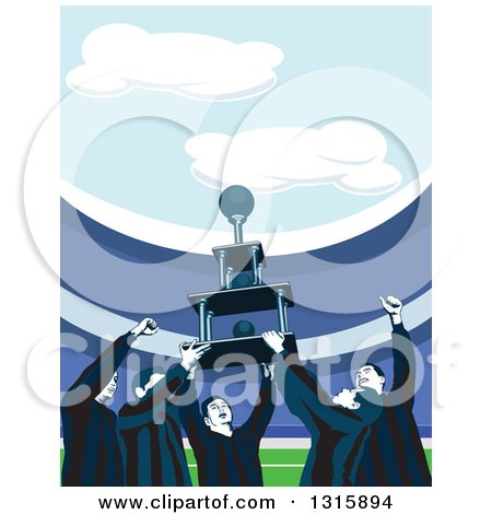 Clipart of a Cheering Soccer Team Holding up a Championship Trophy in a Stadium - Royalty Free Vector Illustration by David Rey