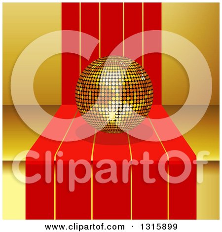 Clipart of a 3d Gold Disco Ball on Red Striped Steps over Yellow - Royalty Free Vector Illustration by elaineitalia