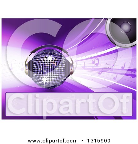 Clipart of a 3d Sparkling Disco Ball with a Speaker, Headphones, Music Notes and a Blank Banner on Purple - Royalty Free Vector Illustration by elaineitalia