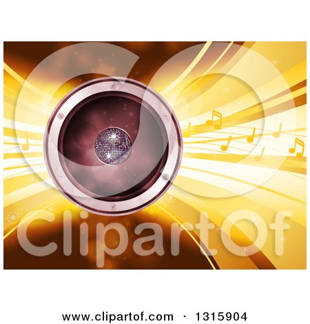 Clipart of a 3d Music Speaker with a Disco Ball, Yellow Sound Waves and Notes - Royalty Free Vector Illustration by elaineitalia