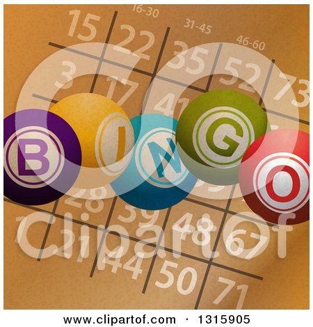 Clipart of Brown Paper Textured Bingo Card and Colorful Balls - Royalty Free Vector Illustration by elaineitalia