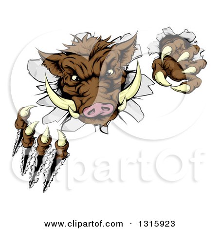 Clipart of a Brown Boar Monster Slashing Through a Wall - Royalty Free Vector Illustration by AtStockIllustration