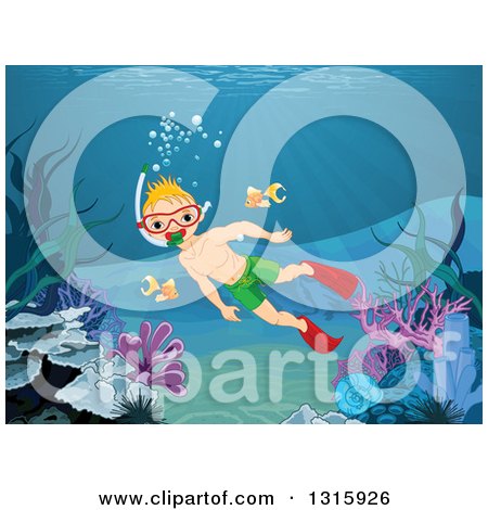 Clipart of a Blond White Boy Diver Snorkeling in the Ocean - Royalty Free Vector Illustration by Pushkin